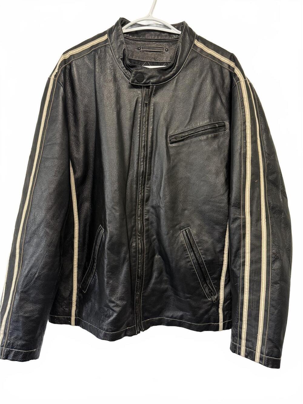 Wilsons Leather Black Leather Jacket with Cream Stripes - XL